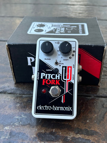 front view EHX Pitch fork pedal, black and silver with two knobs, single button footswitch