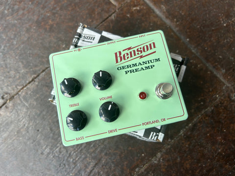 Front view light green Benson pedal with four control knobs