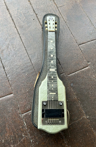 McKinney grey Lap Steel with metal control plate and two knobs, grey fretboard with white inlay markers, grey headstock