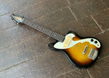 Brown sunburst, white pickguard, tan  pick ups, roswood fretboard, white dot inlays, brown headstock