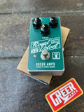 Greer Amps Royal Velvet green effects pedal with three black control knobs