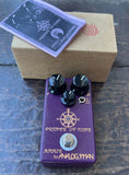 Purple Analogman Prince of Tone Overdrive Pedal, with three black knobs and single button footswiutch