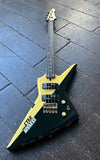 80's Aria Pro II ZZB Custom Bass black and tan finish, rosewood fretboard and white headstock on wooden floor