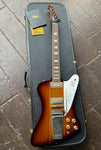 top view sunburst Firebird guitar with white pick guard red firebird logo, with rosewood neck and pearl trapezoid logos, black Gibson headstock
