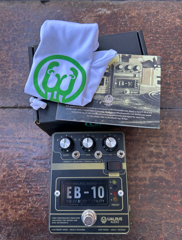 Walrus Audio EB-10 Preamp // EQ // Boost guitar effects pedal in black and gold print, three control knobs