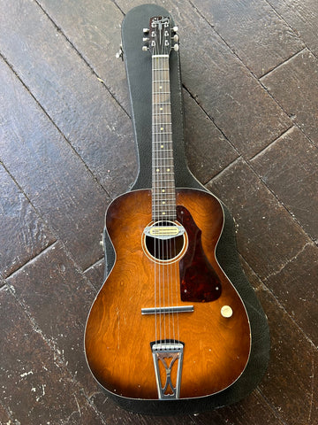 60's Silvertone Rubber Bridge Conversion acoustic guitar, sunburst color with rosewood fretboard and brown headstock