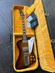 Top view sunburst Gibson firebird in yellow case, trapezoid inlays, black headstock