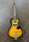 Harmony Rubber Bridge Conversion acoustic parlor guitar, sunburst brown with rosewood fretboard and black headstock