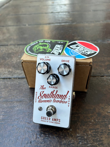 Greer Amps Southland Harmonic Overdrive, white guitar pedal with three control knobs, single button foot switch