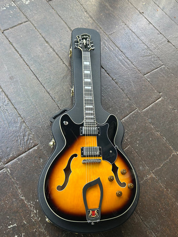Hagstrom Viking sunburst electric guitar, with ebony fretboard, pearl block inlays