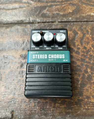 Arion SCH-1 Stereo Chorus Analog, black guitar pedal with three knob controls
