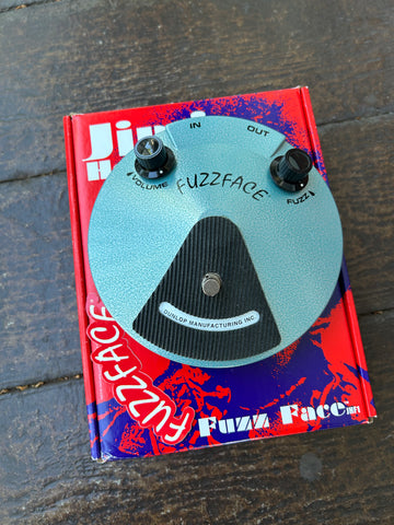 Dunlop JHF1 Jimi Hendrix Signature Fuzz Face, light blue metal round pedal, with two control knobs, single button footswitch