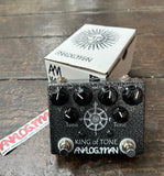 Analog Man King of Tone V4 Hi Gain grey guitar pedal with six black control knobs, and two button footswitch