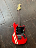 red body white stripped lower bout electric gutiat with black pick guard and pick ups with rosewood fretboard