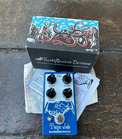Earthquaker devices blue and white boost pedal, four control knobs, with single button foot switch 