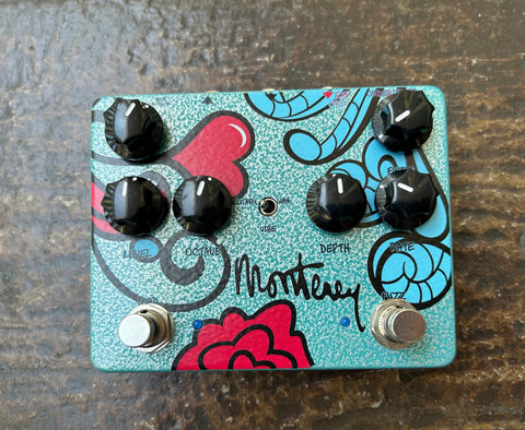 Keeley Monterey Rotary Fuzz Vibe multi blueblue color with six control knobs, two button footswitch