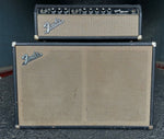 Front view 1965 Fender Bandmaster head, black panel with grey grill cloth, with 2x12 Cabinet black panel with grey grill cloth, Fender silver log