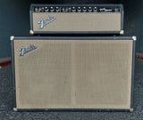 Front view 1965 Fender Bandmaster head, black panel with grey grill cloth, with 2x12 Cabinet black panel with grey grill cloth, Fender silver log