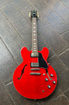 Epiphone ES-335 Cherry finish hollow body guitar, chrome hardware, indian laurel fretboard, small block inlays and black headstock