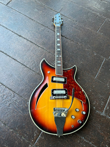 Top view Sunburst hollowbody, with two white pick ups, tortoise pickguard, rosewood fretboard, pearl block inlays, with black headstock 