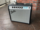 Fender amplifier Silver panel, six black knobs, grey front cloth, black tolex