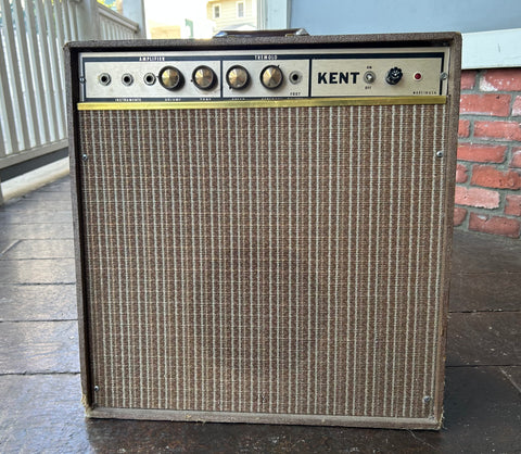 Kent 6100 Tube Guitar Combo Amplifier, brown case with brown and gold grill cloth, gold control panel, four knob controls