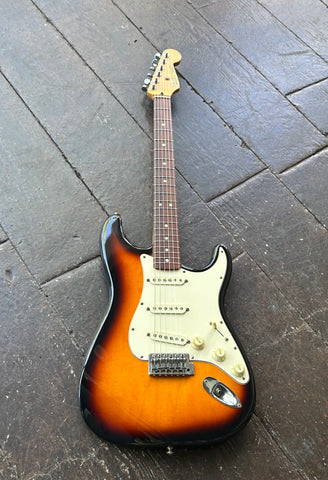 1996 Fender Stratocaster sunburst Stratocaster with white pick-guard and pick ups and rosewood fretboard with maple headstock
