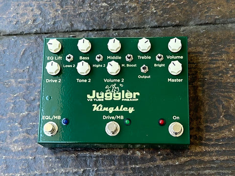 Kinglsey Juggler guitar pedal, green pedal with nine control knobs, three button foot switch
