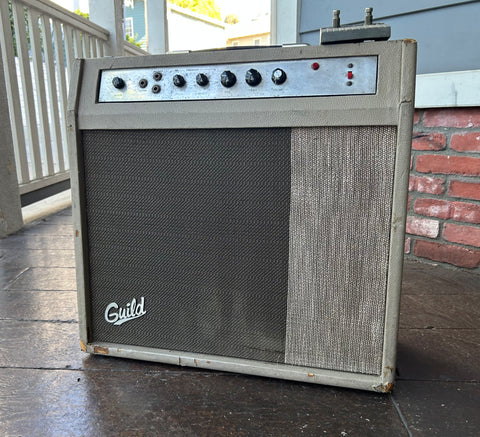 Vintage Guild T1-RVT Thunder tube guitar amplifier, tan tolex, brown and tan grill cloth, metal control panel, six control knobs