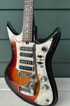 front body close up, four pick ups metal pick guard, sunburst body with tremolo