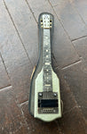 McKinney grey Lap Steel with metal control plate and two knobs, grey fretboard with white inlay markers, grey headstock