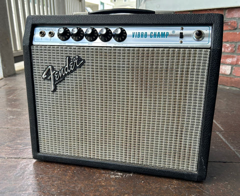 1979 Fender Vibro Champ, black tolex, silver grill cloth and metal control panel, five control knobs 