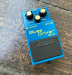 Blue Boss blues drover pedal, with three control knobs,