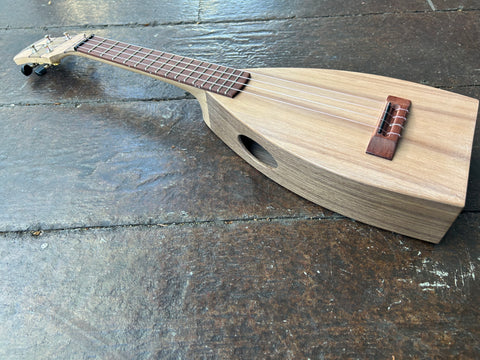 Fred Shields custom ukulele, lyptus top, walnut back and rosewood fretboard, wood headstock,