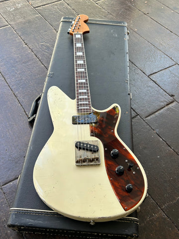 MJT Lydia Parts Guitar, white offset electric guitar with tortoise pick-guard, rosewood fretboard and block inlays, maple headstock