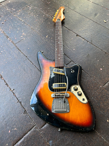 aria guitar sunburst brown finish with black pick ups rosewood fretboard with metal tremolo natural headstock