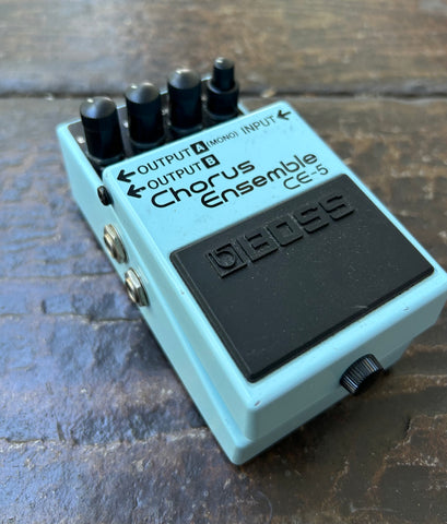 Boss Chorus Ensemble CE-5 pedal light blue guitar pedal, with four knobs