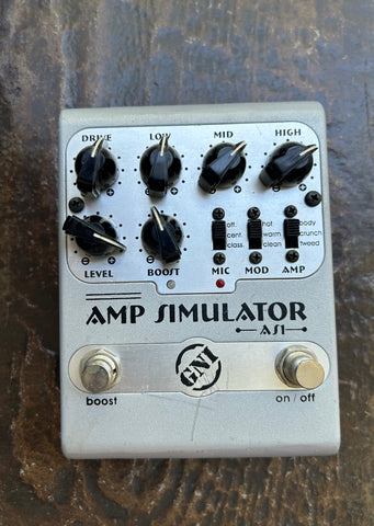 GNI Amp Simulator, silver guitar pedals with six control knobs, with two button footswitches
