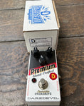Daredevil Premium Overdrive black and white guitar pedal, three control knobs, single button foot switch