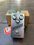 Greer Amps Organic Overdrive Moonshot Silver guitar pedal with three knob controls , single button footswitch