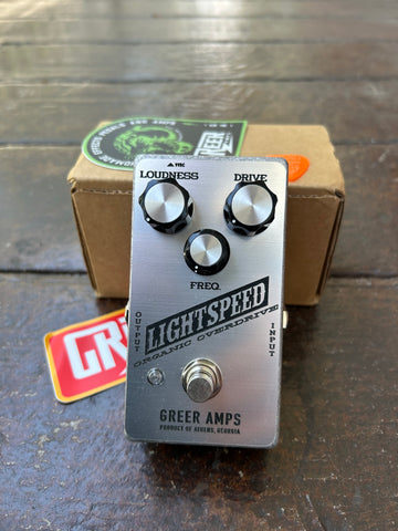 Greer Amps Organic Overdrive Moonshot Silver guitar pedal with three knob controls , single button footswitch