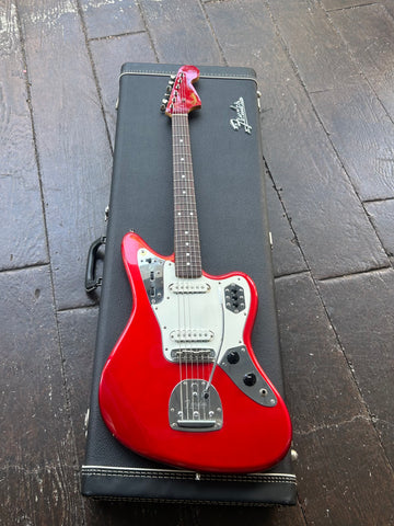 1998 Fender Jaguar Japan JG-66 RI Candy Apple Red, white pick guard, rosewood fretboard and red headstock