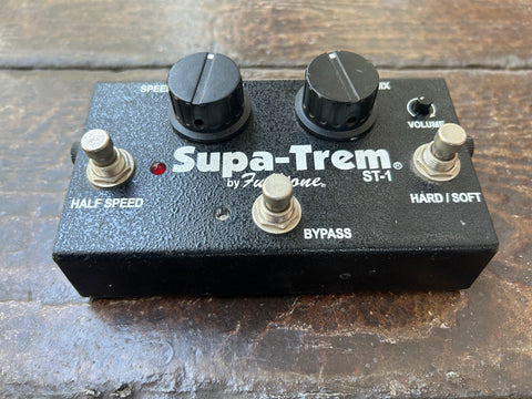 Supa-Trem guitar effects black, with two knob controls and three button footswitch