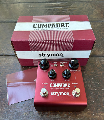 Strymon Compadre red guitar pedal, four control knobs, two button footswitch
