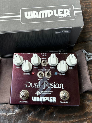 Wampler Dual Fusion guitar effects pedal, burgundy with six control knobs, two button footswitch