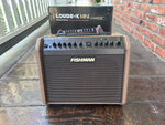 Fishman Loudbox Mini Charge tan tolex, brown grill cloth, dark brown control panel with eleven black knob controls
