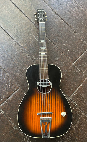 Stella Rubber Bridge Conversion sunburst parlor guitar with chrome hardware and rosewood neck, black headstock