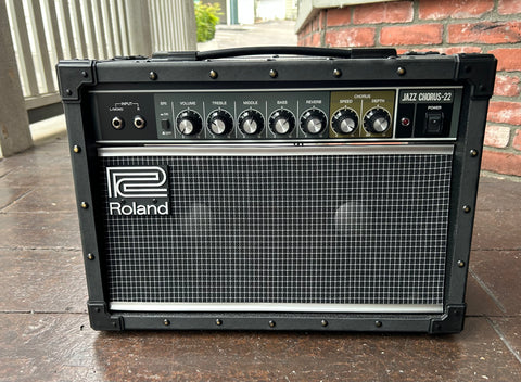 Roland Jazz Chorus-22 guitar amplifier, black tolex, grey grill cloth, grey control panel with seven control knobs