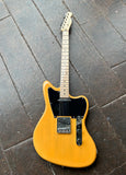 Squier Butterscotch offset telecaster, two pick ups, black pick guard, chrome control plate, two chrome know, with three sadddle chrome bridge, maple neck, black fret markers, maple Squier headstock