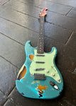 Daphne blue over 3-Color Sunburst, relic !  Body and neck are unknown  Lipstick pickups (Alnico 5), bridge pickup is reverse slanted  Both bridge and middle pickup tone is wired to the 2nd tone knob